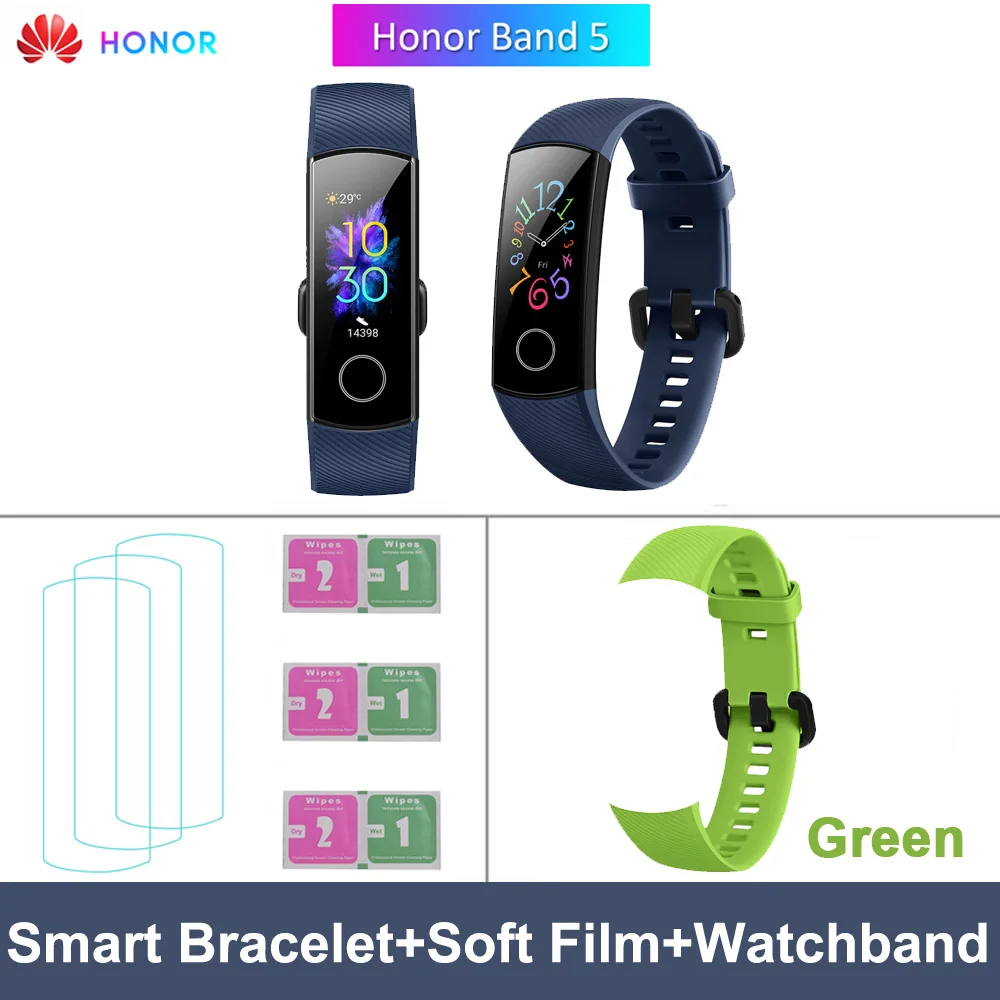 Blue add Green Strap HONOR Band 5 0,9" большой полноцветный AMOLED дисплей фитнес умный Браслет 240*120 пикселей 8 персонализированные часы лица - Цвет: Blue add Green Strap
