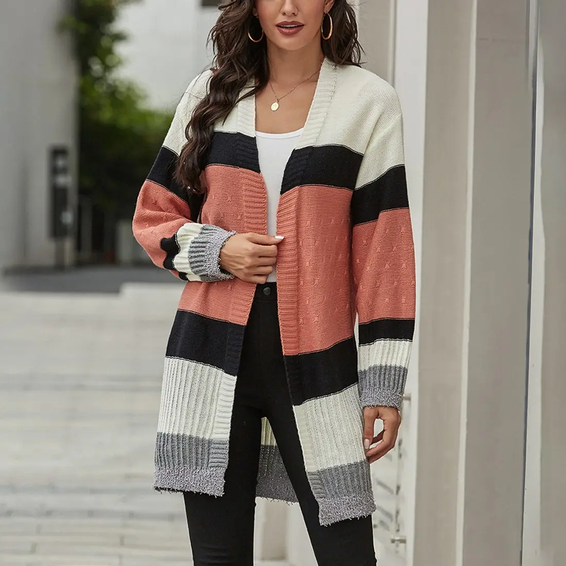 

Casual Knit Sweater Jacket Oversize Long Cardigan Sweater Women Sweater Coat Striped Color Loose Cardigan Long Sleeve