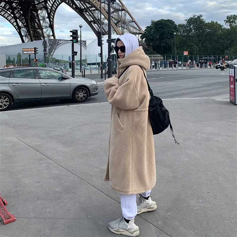 Осенне-зимнее шерстяное пальто для женщин, большие размеры, пальто из искусственного меха, женское Свободное пальто с хлопковой подкладкой, длинная куртка, теплое плотное пальто с капюшоном