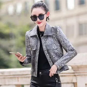 

Autumn fashion snake pattern fabric pu leather jacket female fashion streetwear single breasted leather jackets F111