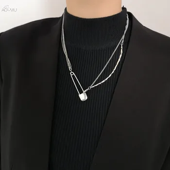

AOMU 2020 New Paperclip Design Punk Chic Silver Color Metal Clavicle Chain Necklaces For Women Men Necklace Lovers Gift Jewelry