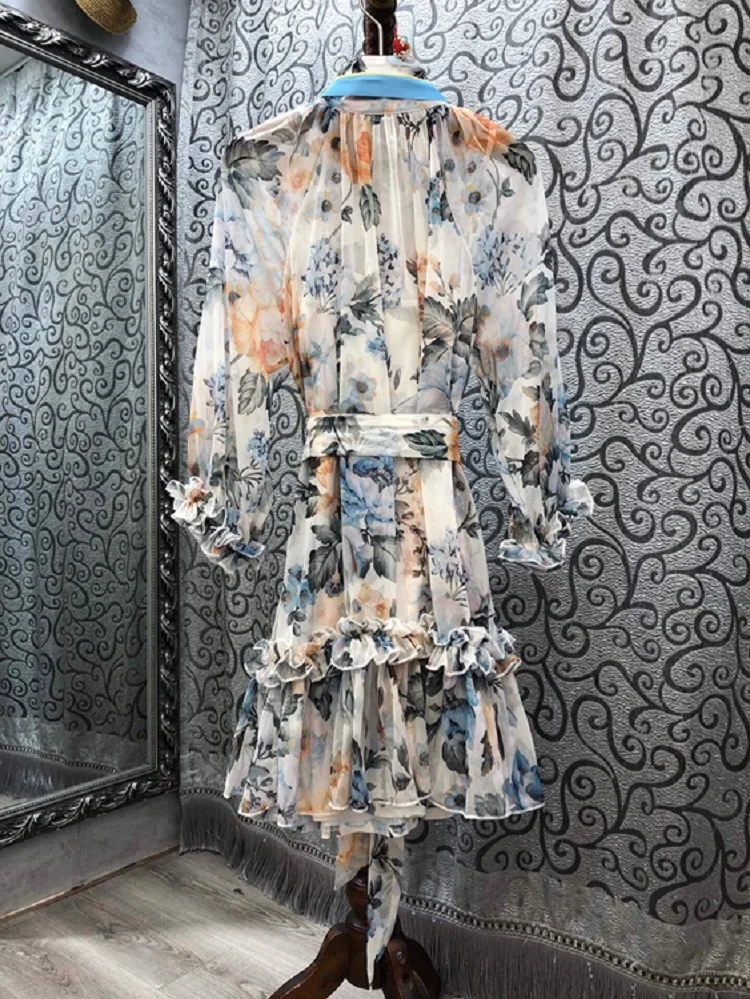 Newest Fashion Party Club Dresses 2020 Autumn Ladies Bow Collar Vintage Floral Print Ruffle Patchwork Casual Loose Dress Mini