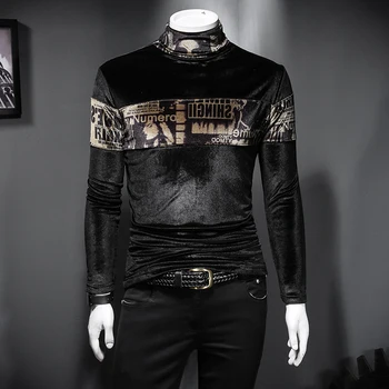 

Letter Splicing Luxury Velvet T Shirts Men 2021 Fleece-lined Thickened Fashion Printing T-shirt Men Clothing Club Outfits
