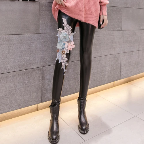 Новые модные женские леггинсы женские тонкие вышитые PU тонкие обтягивающие черные брюки карандаш брюки - Цвет: 13