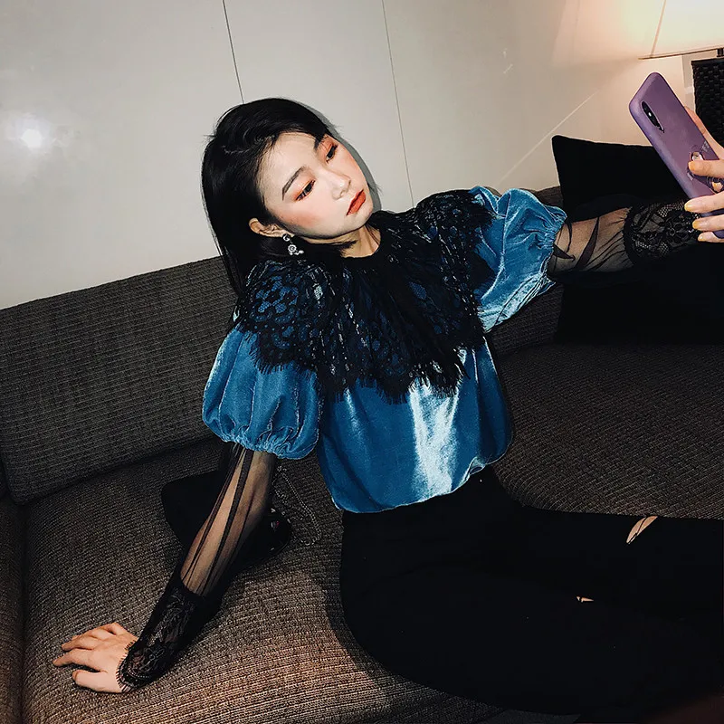 WHITNEY WANG футболка Весенняя мода уличная винтажная стильная бархатная футболка с пышными рукавами женские Топы Футболка женские футболки