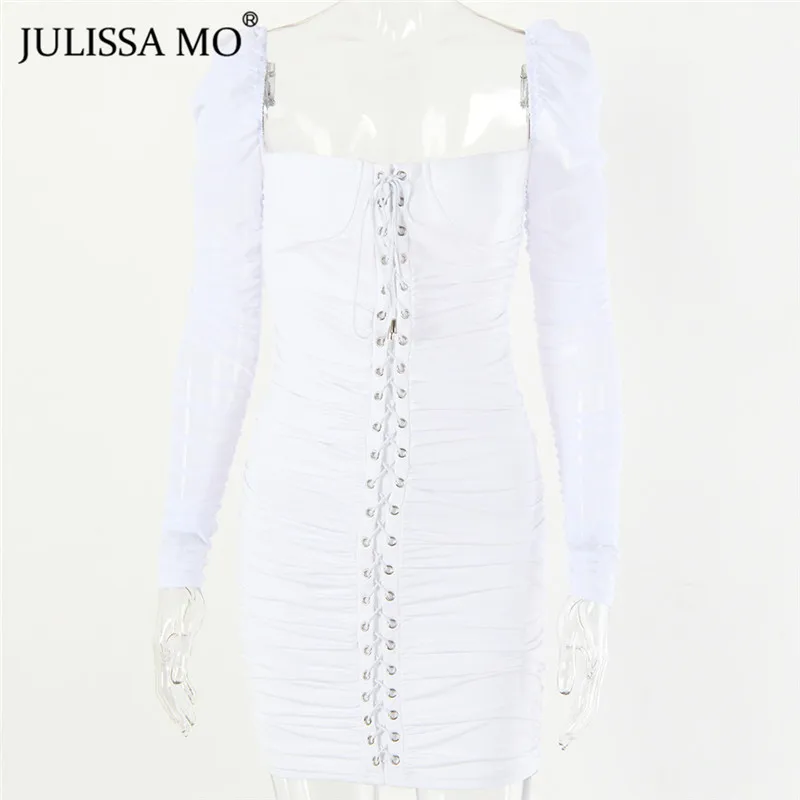 JULISSA MO White Mesh Ruched Autumn Dress Women Strapless Bodycon Sexy Party Dress Fashion Ruched Bandage Dresses Vestidos Short