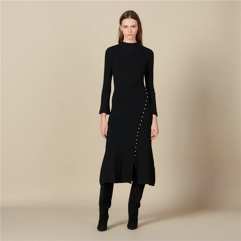 Женское платье с разрезом, трикотажное, с жемчугом, с бисером, Vestidos, с длинным рукавом, облегающее, облегающее, пуловеры, повседневные, Осень-зима