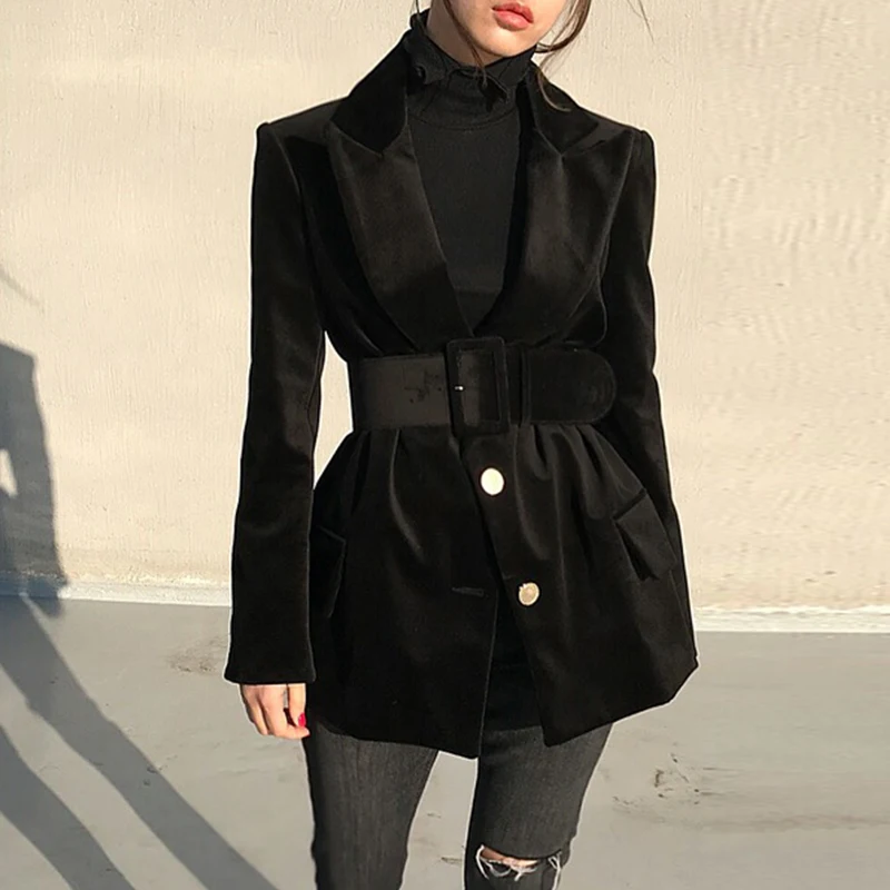 

LANMREM Solid Color Suede Long-sleeved Single-breasted Belt Ladies Office Blazer Femme Wild Fashion 2019 Autumn Winter New TV318