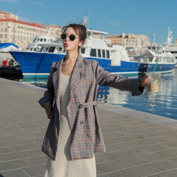 

2020 Spring And Autumn New Youth Popular Plaid Belt Mid-length Small Suit Fashion Casual Slim Jacket Coat Blue / Red S-XL