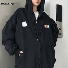 Printed Plus Velvet Thick Hoodies Coat Women Oversize Zipper Pocket Sweatshirts Female 2021 Autumn Winter Korean Girls Hoodie