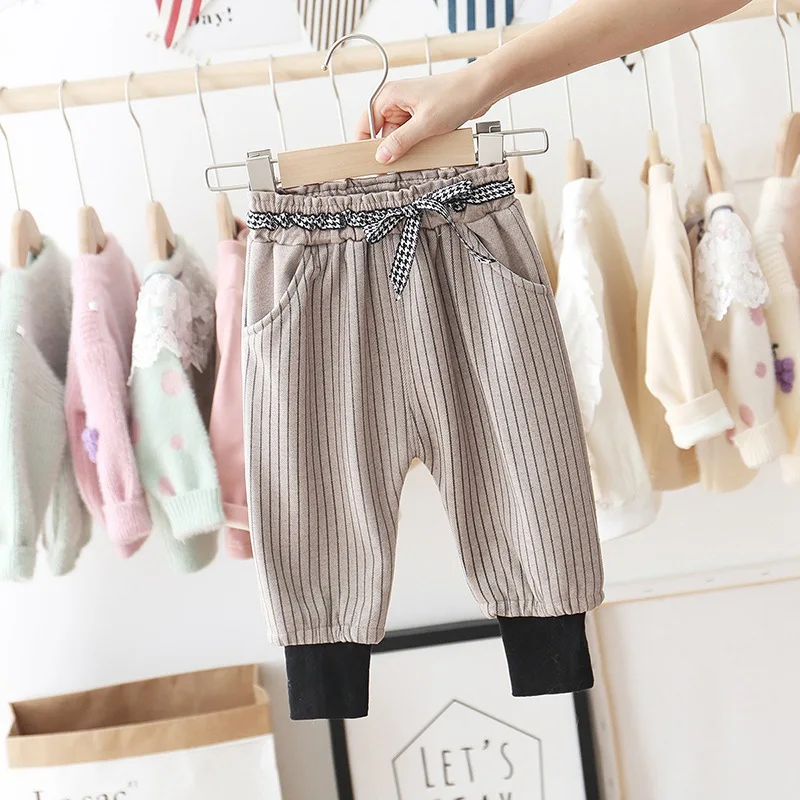 Light Khaki Теплые зимние вельветовые штаны-шаровары для маленьких девочек г., Осенние повседневные штаны Одежда для маленьких детей длинные штаны в полоску, S10023 - Цвет: Light Khaki