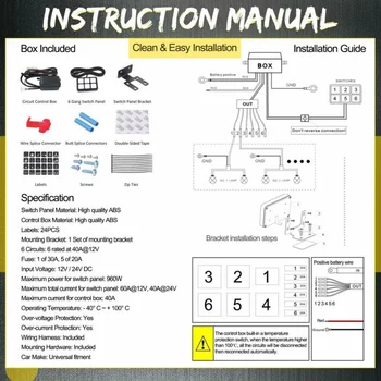 

Universal 6 Gang Switch Panel LED Light Bar Electronic Relay Circuit Control System Wiring Harness Waterproof Fuse Box For Car