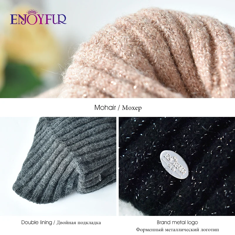 ENJOYFUR Thick warm winter hats for women soft mohair knitted female caps double lining beanies