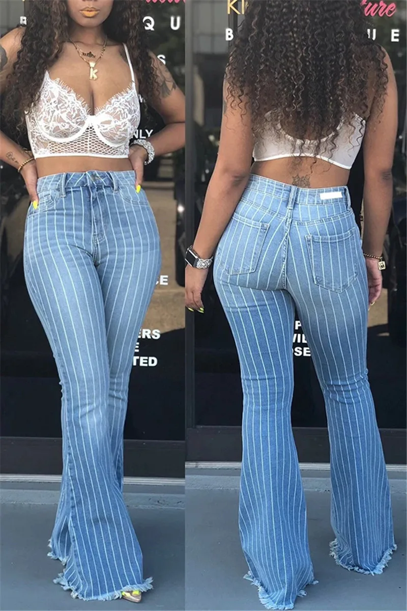 SZMALL новые осенние длинные женские джинсы клёш поп Испания Высокая талия длинные джинсы для женщин уличная Дамская подошва - Color: Striped