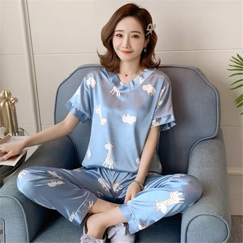 

Pajamas plus size 5XL female summer short-sleeved trousers simple loose loose fat mm200 kg two-piece home service nachtmode