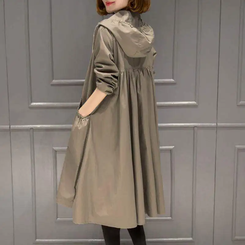 2019 Spring and Autumn New Hood Mid-length over-knee thin trench coat women's loose-fitting large-size long plus size | Женская