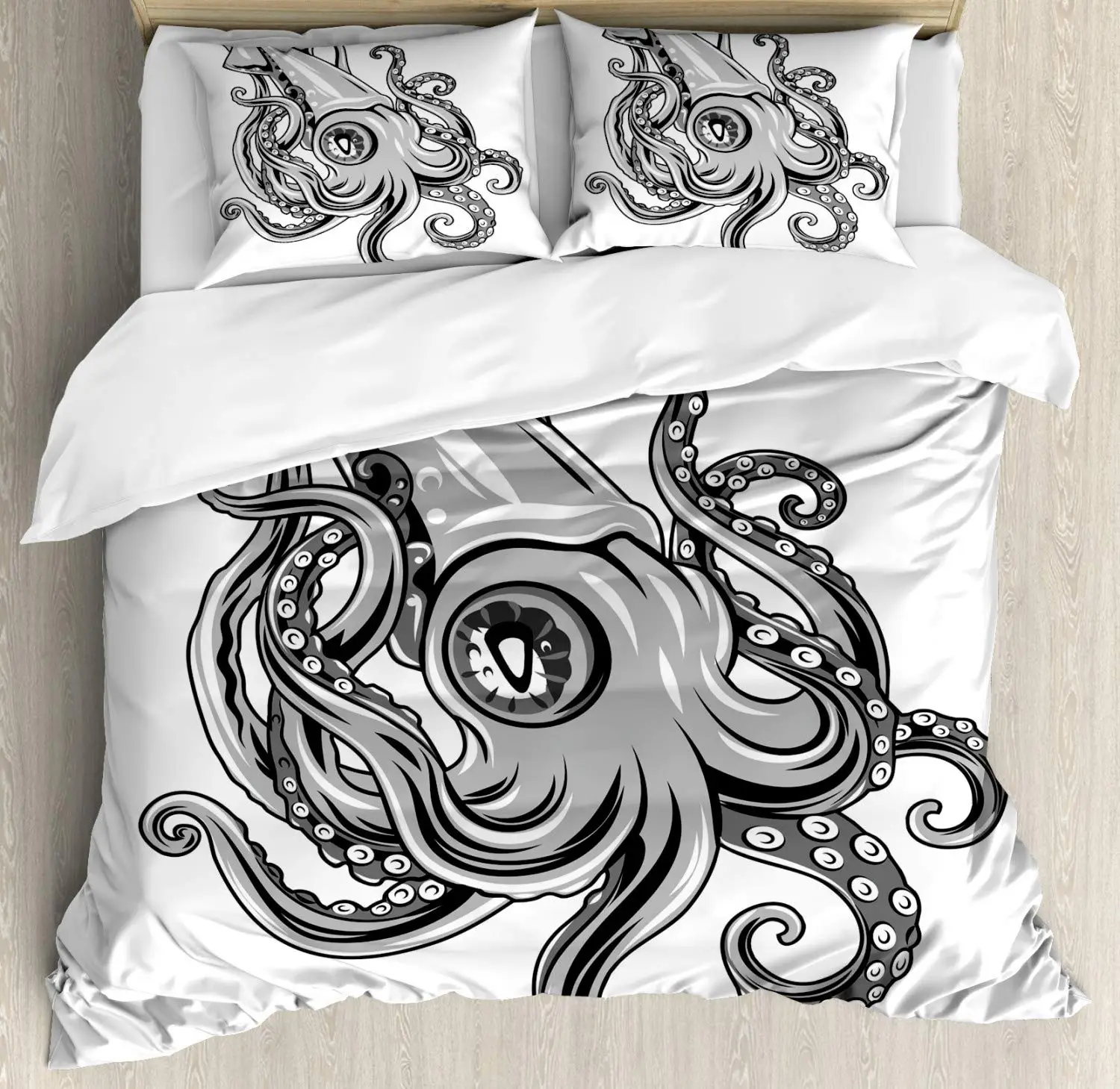 Kraken Duvet Cover Set Squid Fish with Fins Sea Animal Cuttlefish Underwater Alien Artisan Design Print 3 Piece Bedding Grey | Дом и сад
