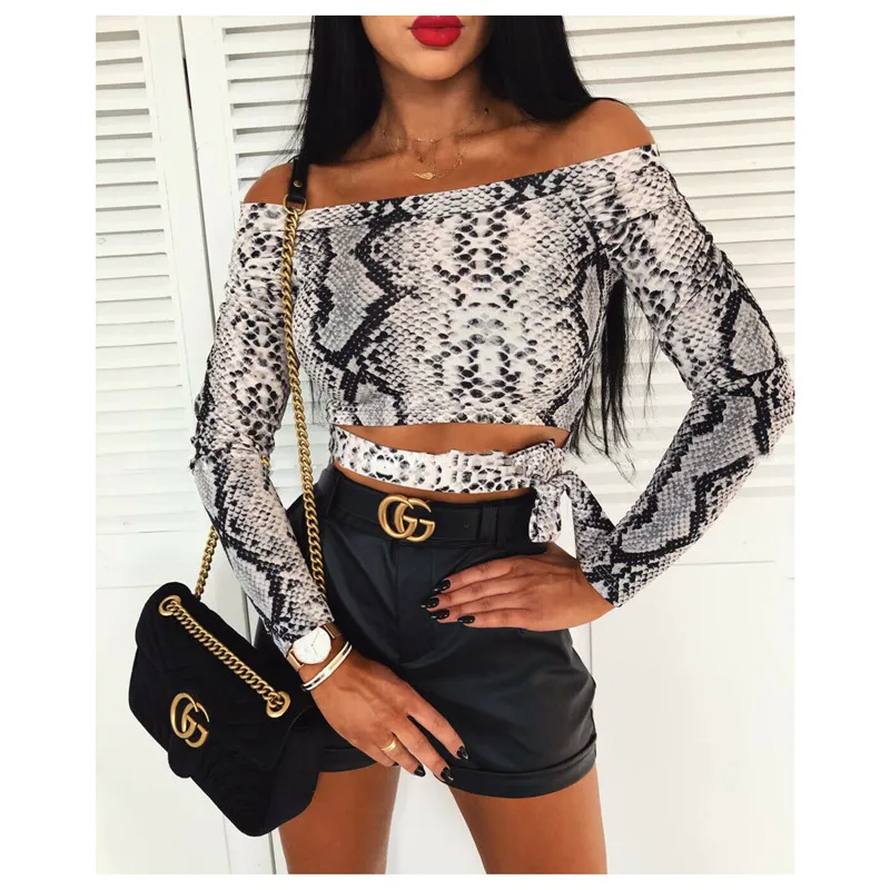 Off Shoulder Snake Skin Print Fitted Tee Long Sleeve Slim Spring Hollow Bowknot T Shirt Women Autumn Fashion Ladies Tops | Женская