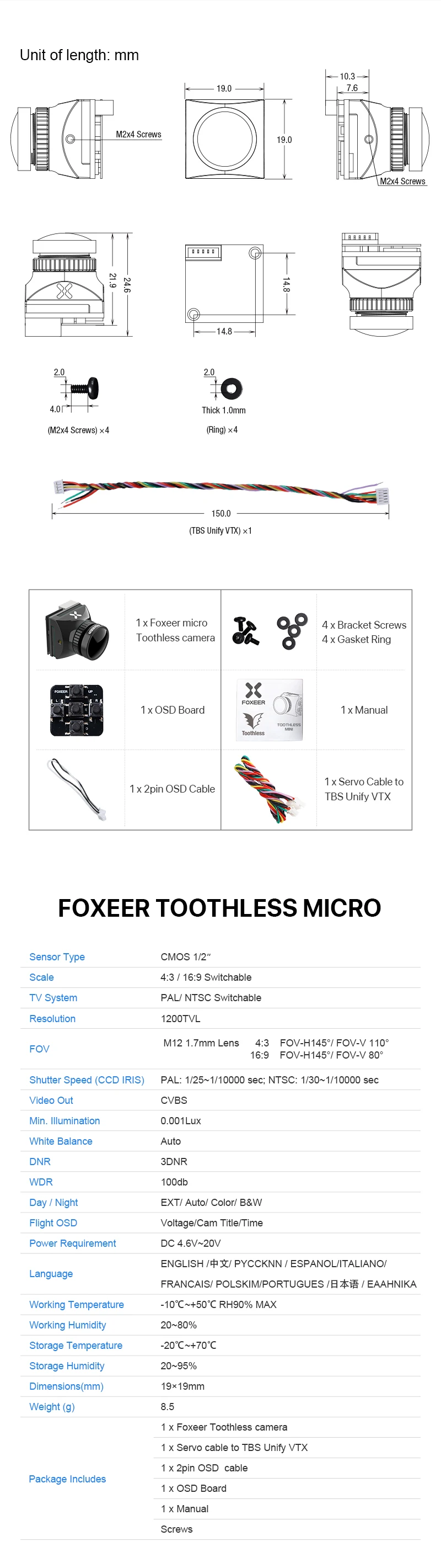 Foxeer Беззубик микро CMOS 1/2 1,7 мм 1200TVL PAL NTSC 4:3 16:9 FPV камера с OSD 4,6-20 в естественное изображение для RC FPV Дрон