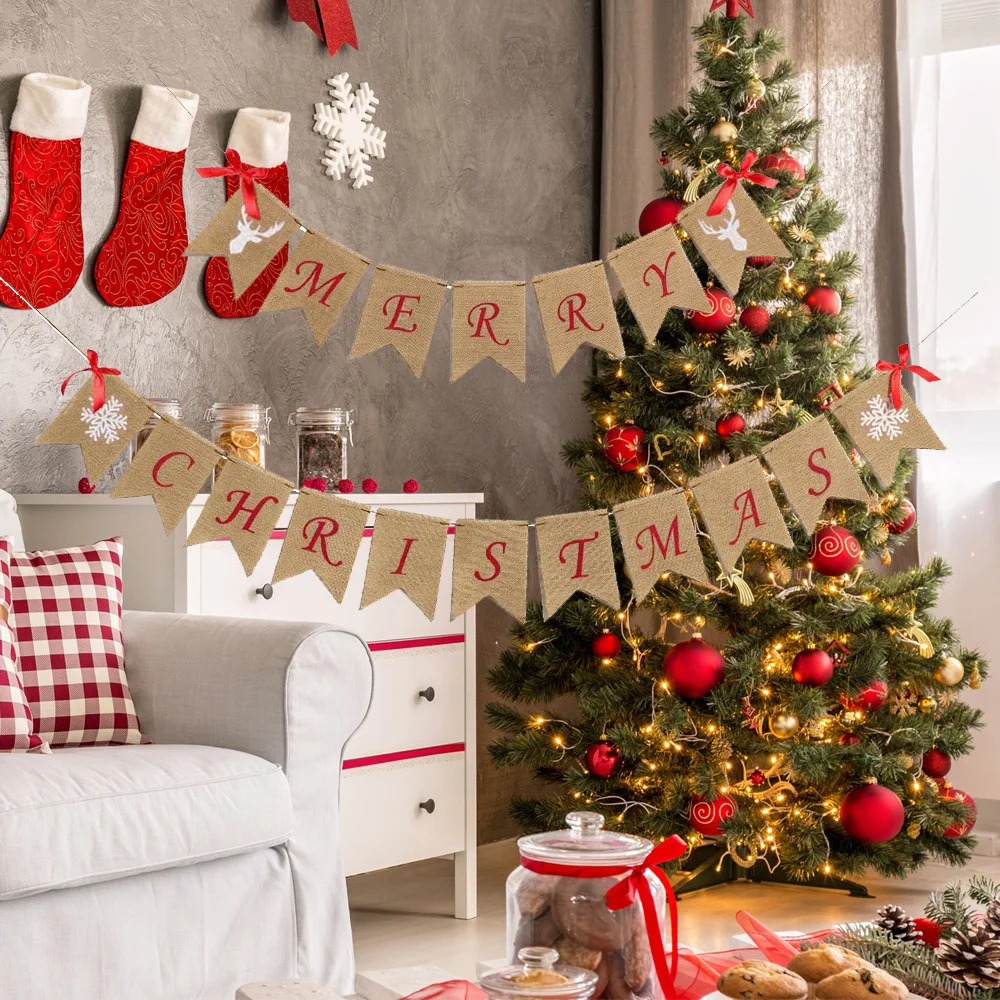Висячий флаг Рождество MerryChristmas Рождественская вечеринка Снежинка льняной висячий флаг украшение «оленьи рога»