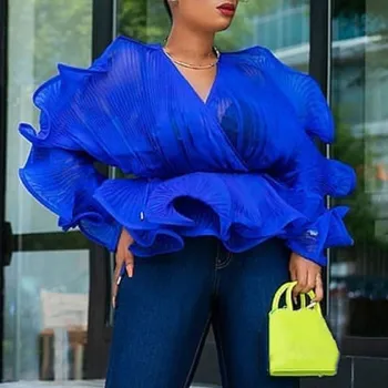 

Women Sexy Transparent Club Blouses Batwing Sleeve Ruffle Tops Solid Elegant See Through Pleated Party Blusas