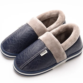 

Winter slippers men Plus Size 45-48 Cozy House slippers for men Warm Short plush Indoor shoes men PU leather slipper male