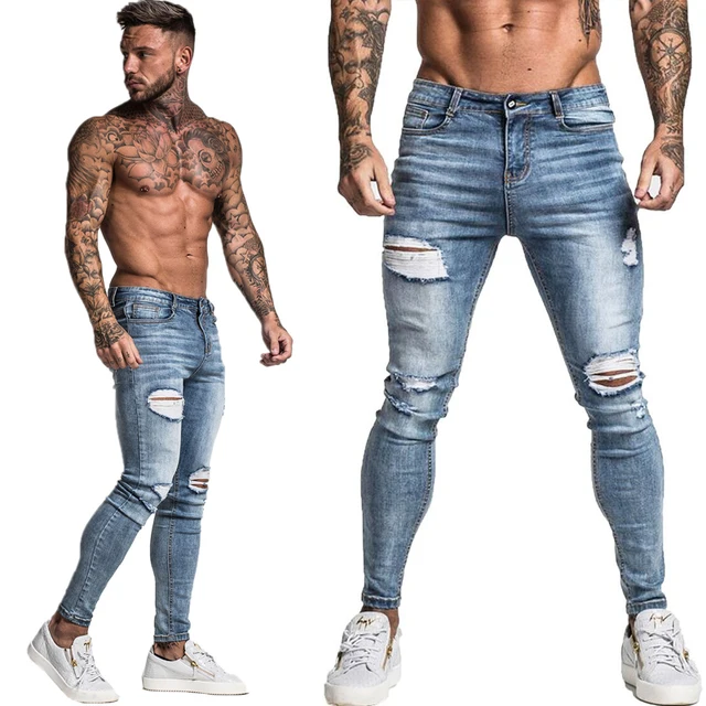 GINGTTO Jeans Men Elastic Waist Skinny Jeans Men 2020 Stretch Ripped Pants Streetwear Mens Denim Jeans Blue blue zm45