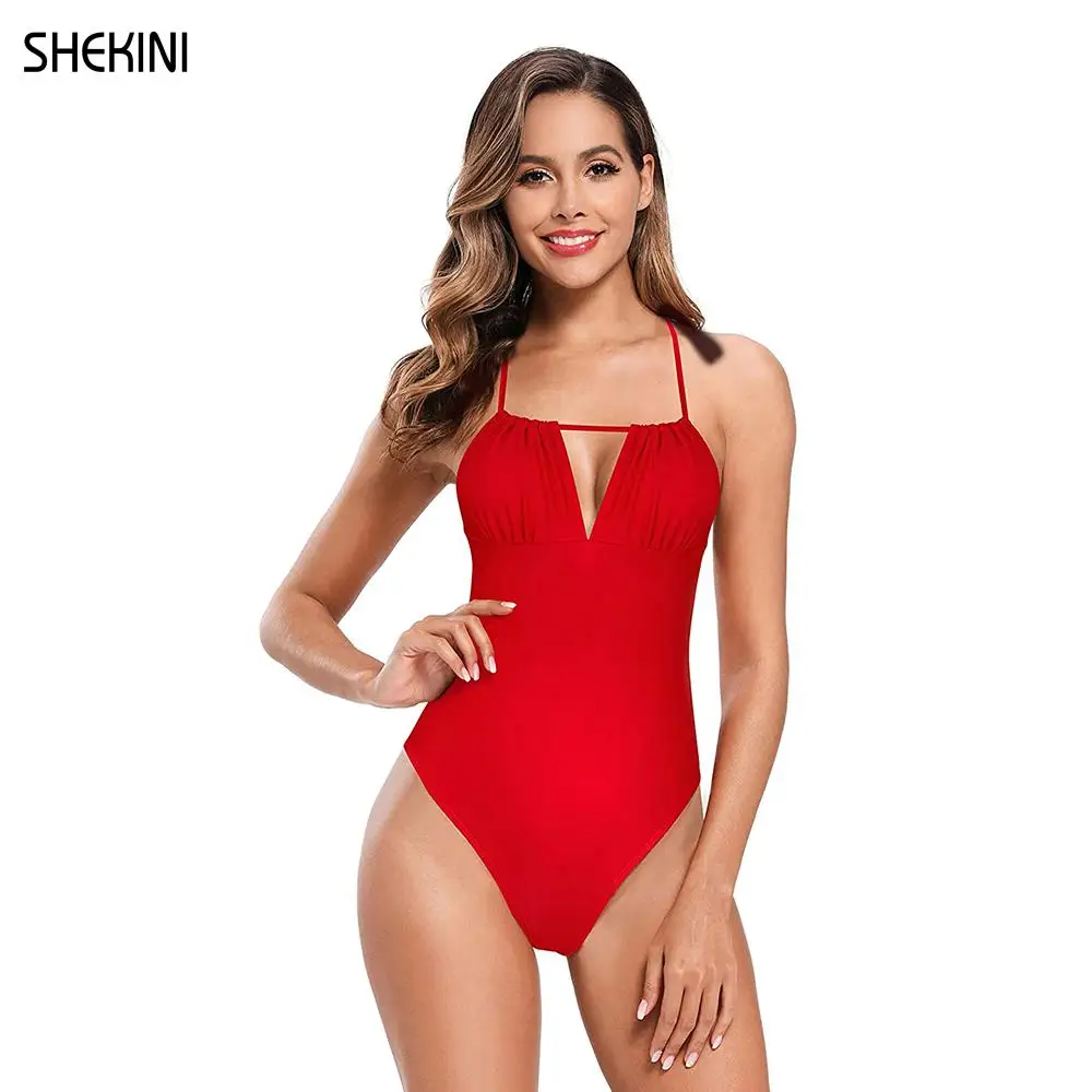 

SHEKINI Women's Ruched Drawstring Sexy Keyhole Bikini one Piece Swimsuit Back Crisscross Bathing Suit Summer Beach Swimwear