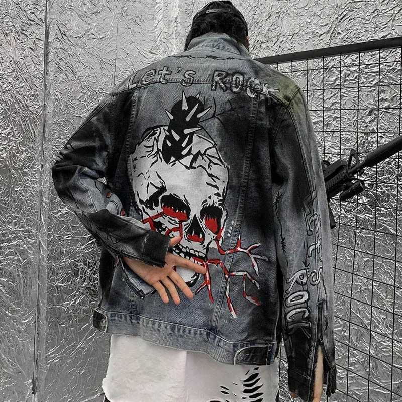 Мужские джинсовые куртки Уличная череп граффити синяя джинсовая куртка хип хоп Harajuku куртка-бомбер панк-рок Винтаж