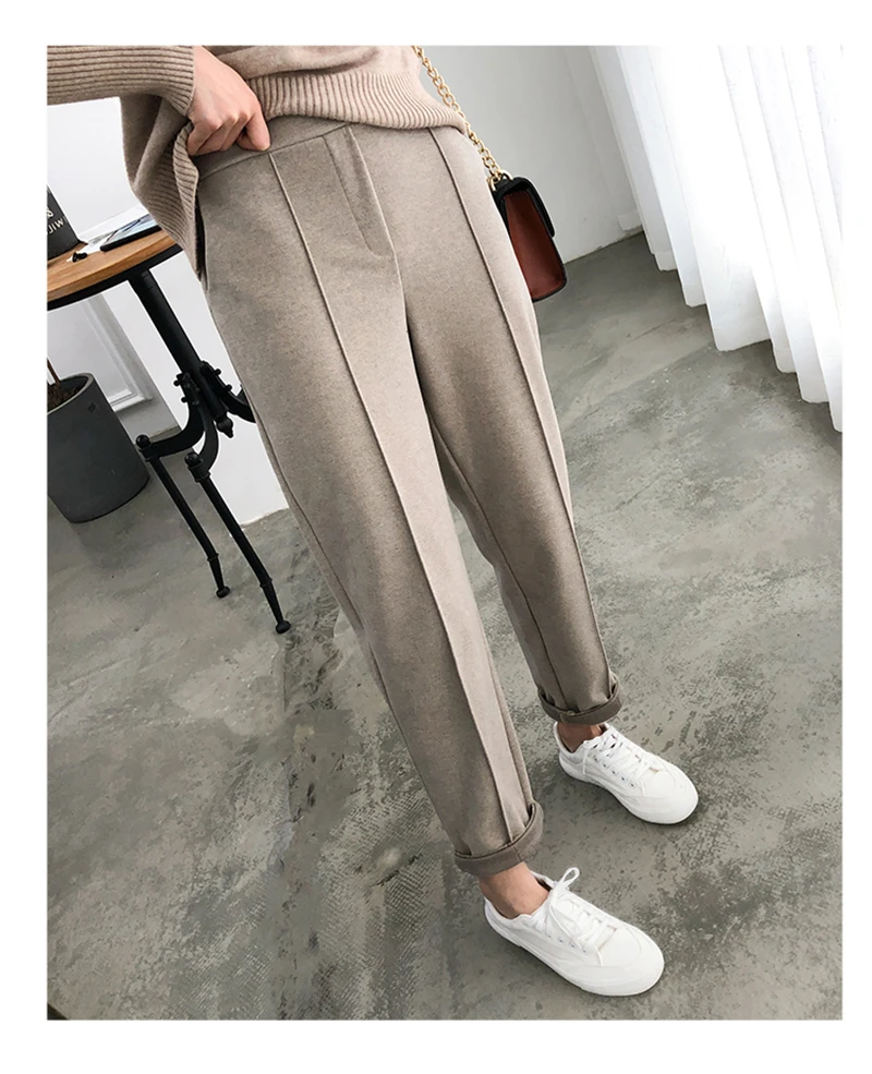 

HLBCBG Winter Thicken Women Pencil Pants Plus Size Wool Pants Female Autumn High Waist Loose Trousers Capris Good Fabric