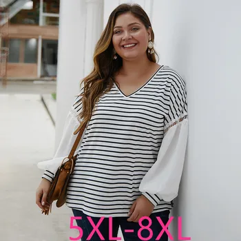 

2019 autumn winter plus size tops for women long sleeve casual loose stripe V neck large T shirt top white 4XL 5XL 6XL 7XL 8XL