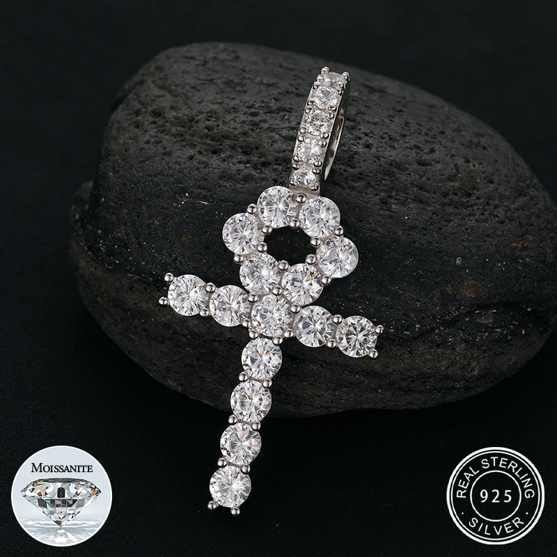 TENNIS ANKH CROSS VVS MOISSANITE PENDANT .925 STERLING SILVER Unisex