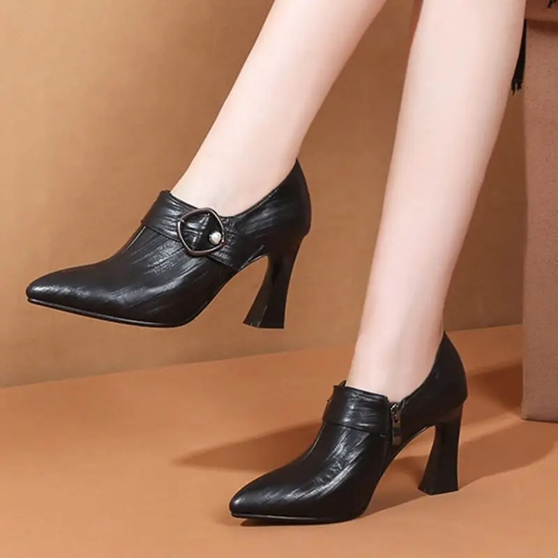 ALLBITEFO natural genuine leather buckle square toe high heels leisure girl high thick heel shoes hot sale women platform shoes