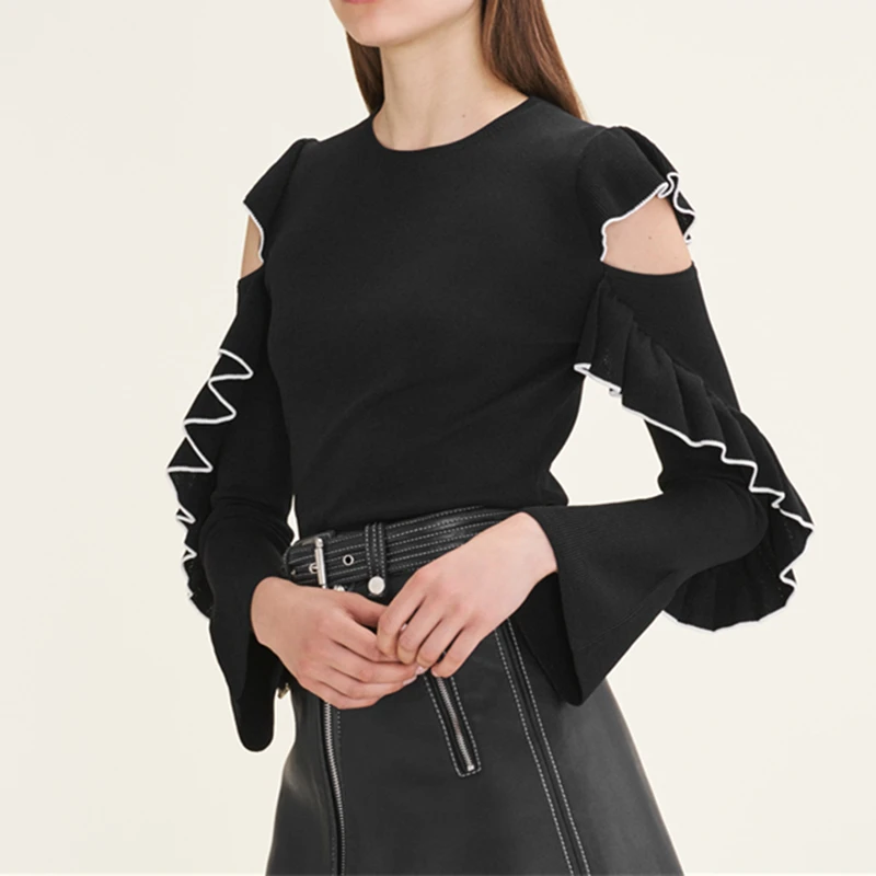 

Tunjuefs Slim Fit Sexy Off Shoulder Sweater Women Jumper Elegant Bodycon Ruffles Pullovers Long Sleeve Jersey Knitted Top Runway