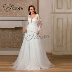 Classic V-Neck A-Line Wedding Dresses Backless Long Sleeve Lace Appliques Organza Bridal Gown vestido de novia robe de mariée
