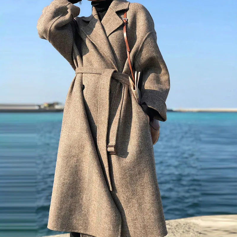 

Winter Striped Wool Jacket Coat Women Lace Up Long Woolen Blend Trench Coat Female Korean Style Elegant Officw Ladies Outwear