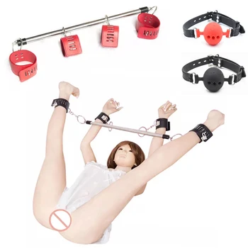 Women Slave Metal Spreader Bar Hand Cuff Ankle Cuffs Mouth Gag BDSM Sex Game Role Play Restraint Adult Bondage Accessory Sex Toy 1