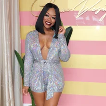 

Sexy Deep V Neck Sequins Blazer Two Piece Set Women Buttonless Club Party Casual Office Blazer with Free Bandage Shorts Suits