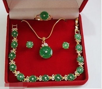 

00772 Pretty real nature green emerald jade necklace bracelet earring +(box)