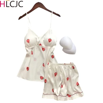 

Women's two-piece silk satin Pajama suit sexy Sleepwear Lace strawberry comfortable simple fresh Pajama suit underwear