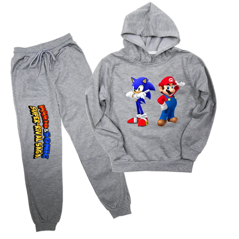 Sonic The Hedgehog Mario/детская одежда из 2 предметов, толстовка с капюшоном для мальчиков и девочек, штаны, худи, спортивная одежда, топы для детей - Цвет: Серый