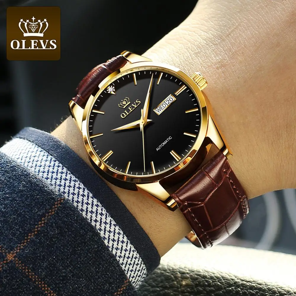 OLEVS New Men's Watches Classic Mechanical Leather Watch Men Luxury Men Automatic Watches Business Waterproof Clock Man 6629 1