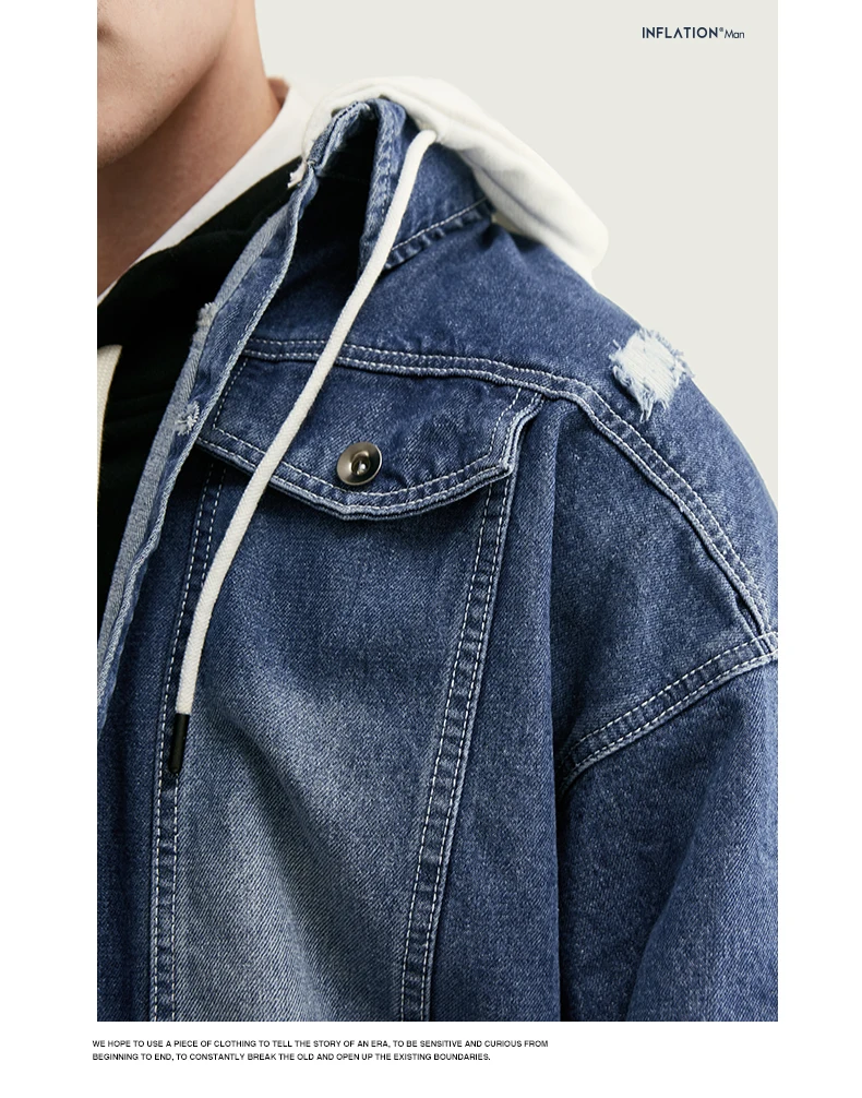 Инфляция с фальш-вставками со вставкой из джинсовой ткани куртка синего цвета Для мужчин, куртка с капюшоном 2 шт./компл. на весну и осень джинсовая ткань в уличном стиле для осени 8750W