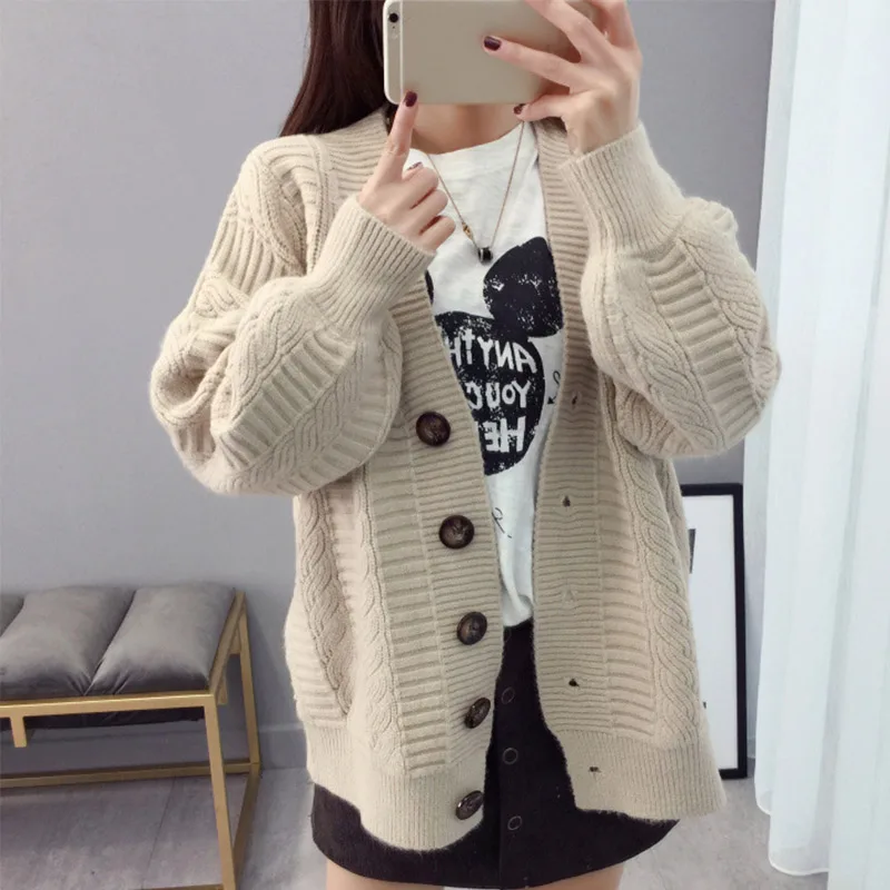 

Women's Sweater Autumn Knitted Vintage Cardigan V-neck Korean College Cardigans Sweaters 2019 Winter Cute Outwear Khaki Pink
