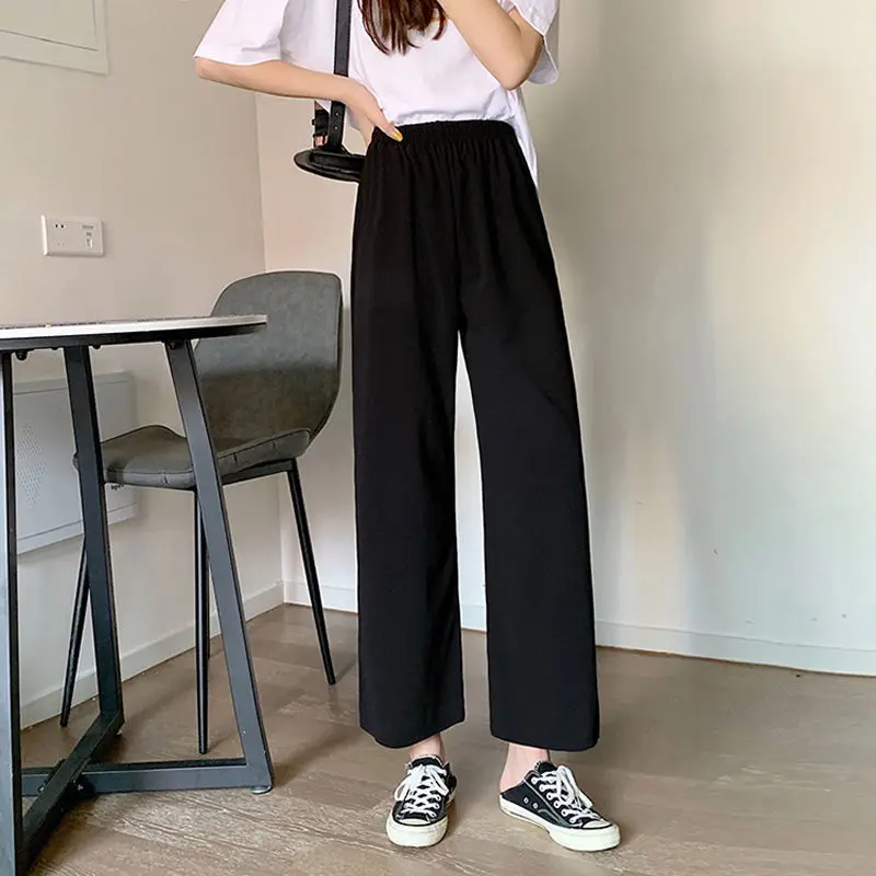 Pantalones rectos negros para mujer, Capris de cintura alta para estudiantes, pantalones de pierna ancha coreanos, traje holgado, pantalones informales