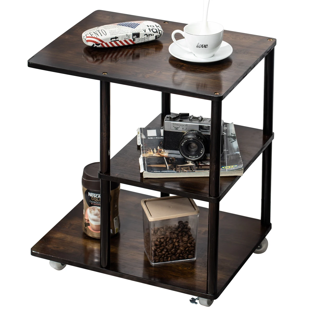 Rolling Sofa Side Table, Bamboo End Table with Wheels, Mobile Snack