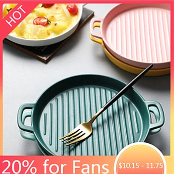 

Binaural Baking Dish Pizza Dish Round Dish Plate Dish Creative Oven Ceramic Western Kitchen Tableware Microwave Oven Flat Plate