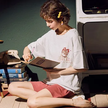 

Pajamas Female Summer Short Sleeve Shorts Japan and South Korea May Outer Wear Knitted Cotton Tracksuit