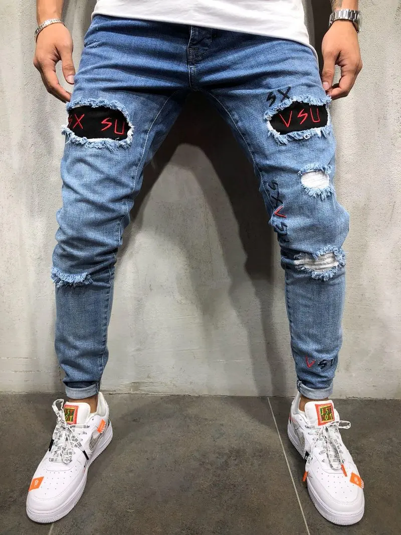 

New men's ripped jeans men's jeans casual slim trousers slim summer denim trousers classic denim stretch thin pencil pants