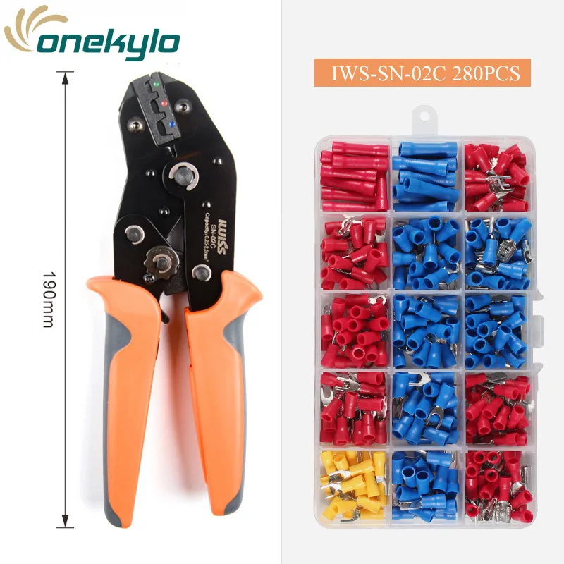 Iwiss Sn-02C Crimpatura Pinza Con 280Pcs Assortiti Isolati Spade Crimp Terminal Butt Filo Elettrico Set Terminale Freddo-Pressione